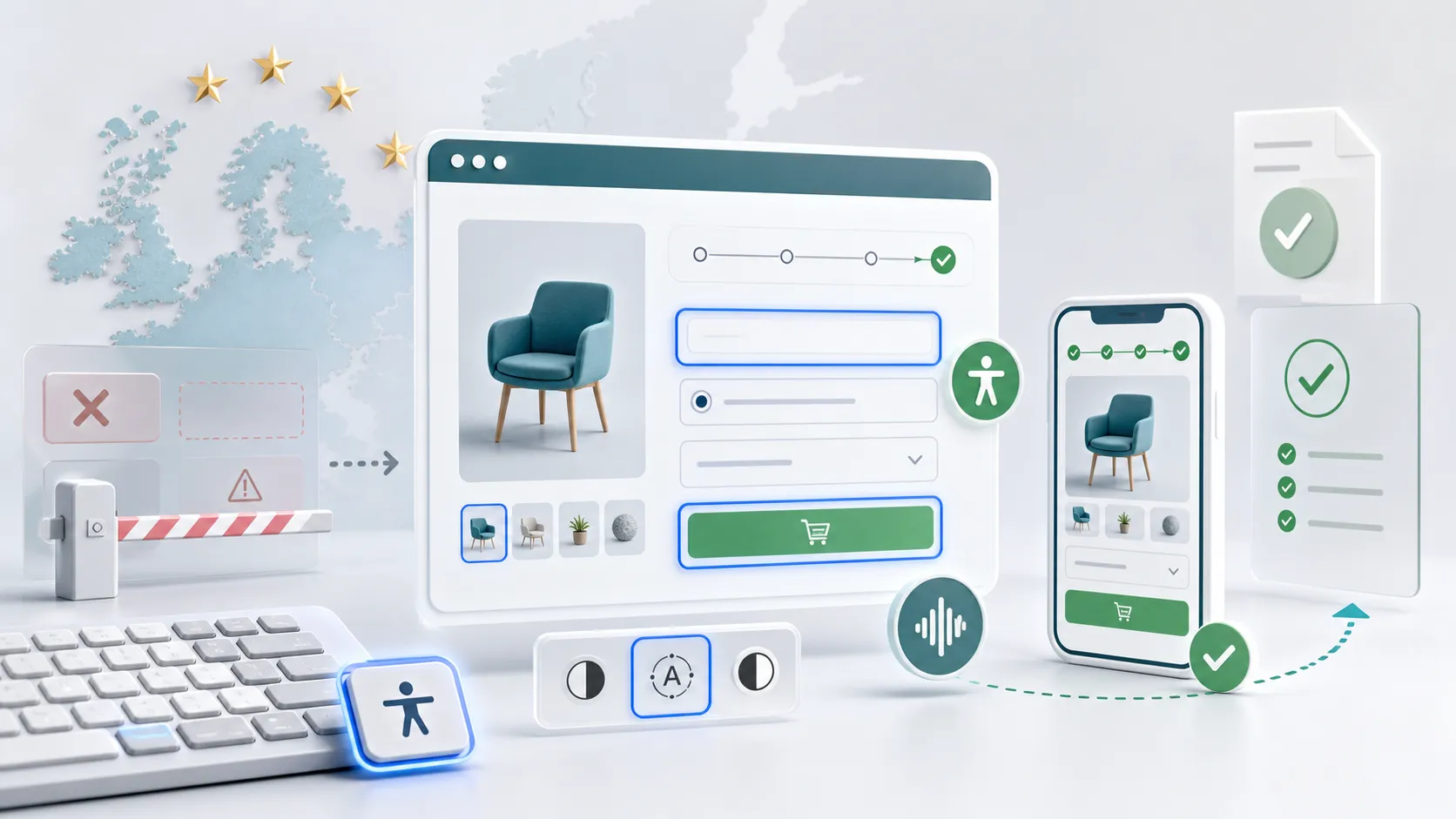 Accessible customer journey showing digital barriers becoming usable services under the European Accessibility Act
