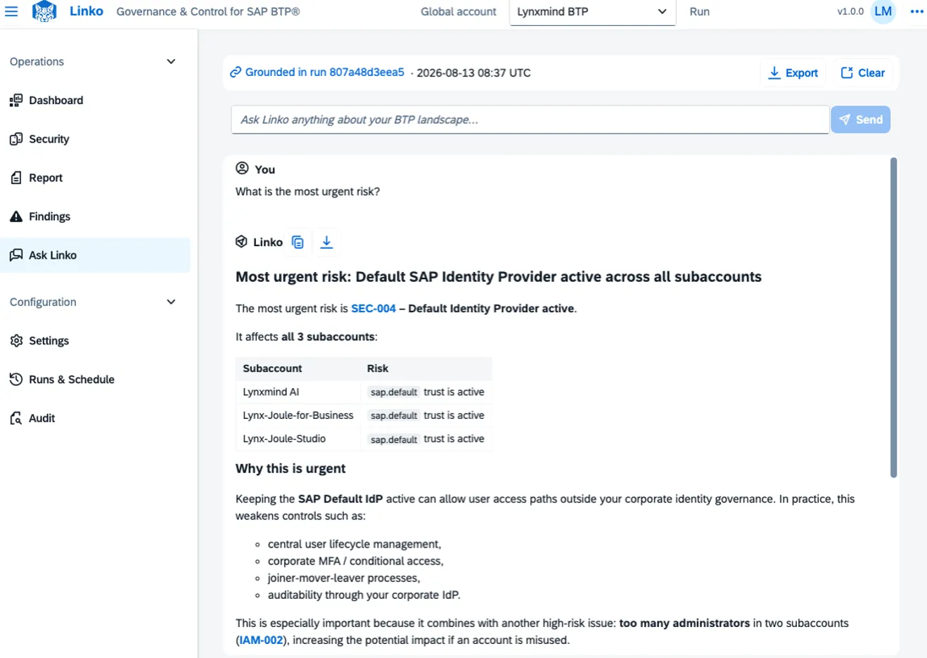 Ask Linko identifying the most urgent risk in an SAP BTP landscape