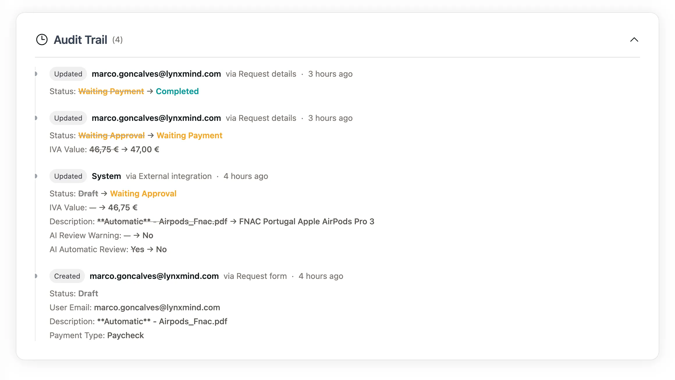 Spendwise app audit trail screenshot