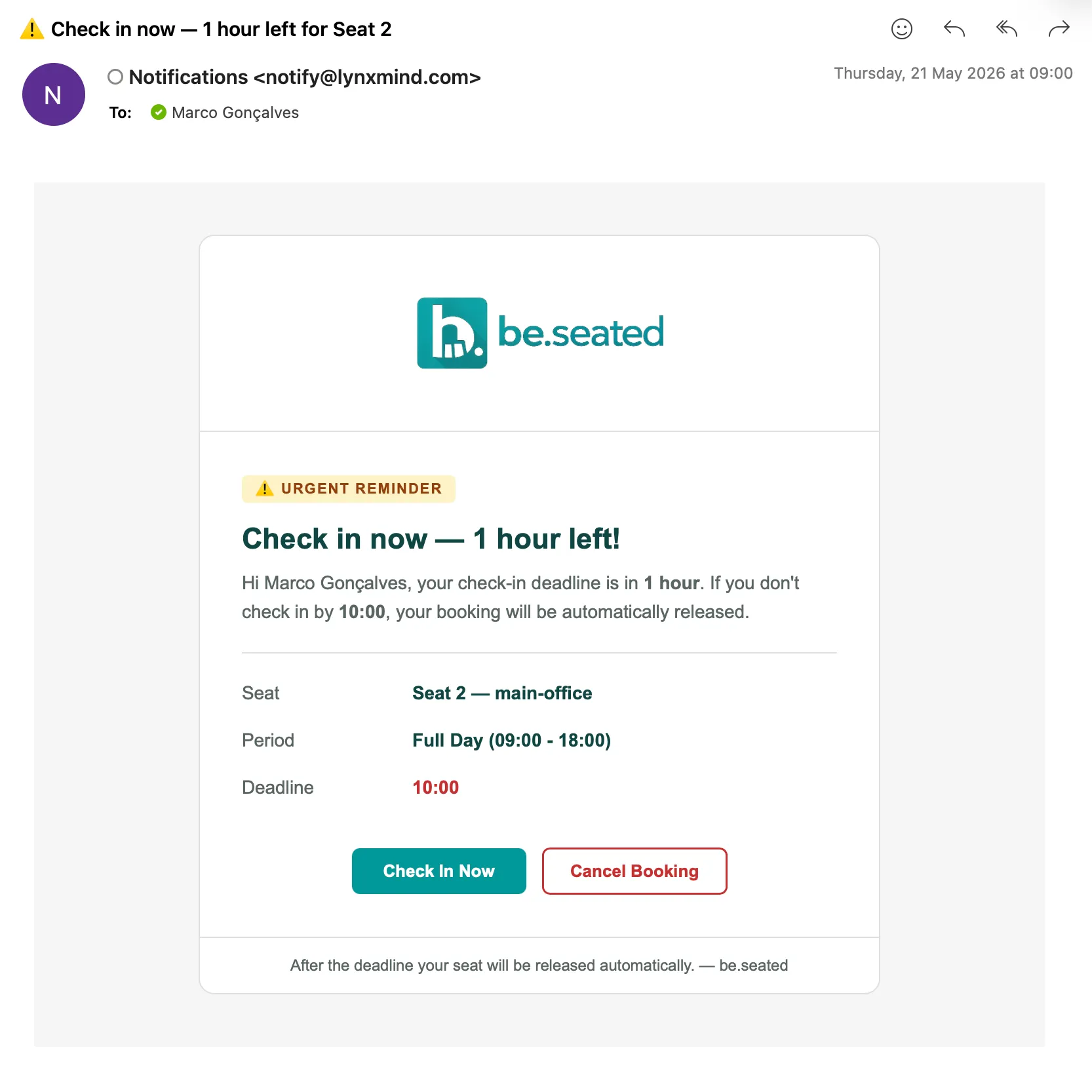 Be.seated app check-in notification example