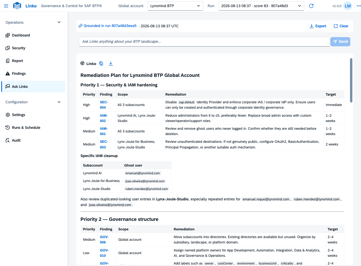 Linko remediation plan generated from the latest BTP assessment