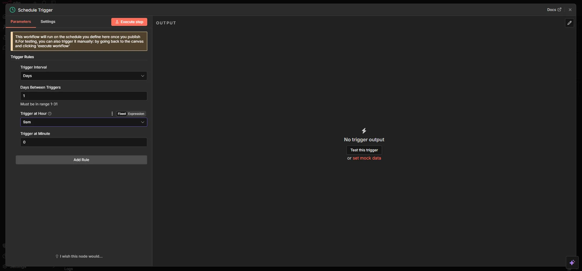 n8n schedule trigger node configured to run an automated workflow at a specific time