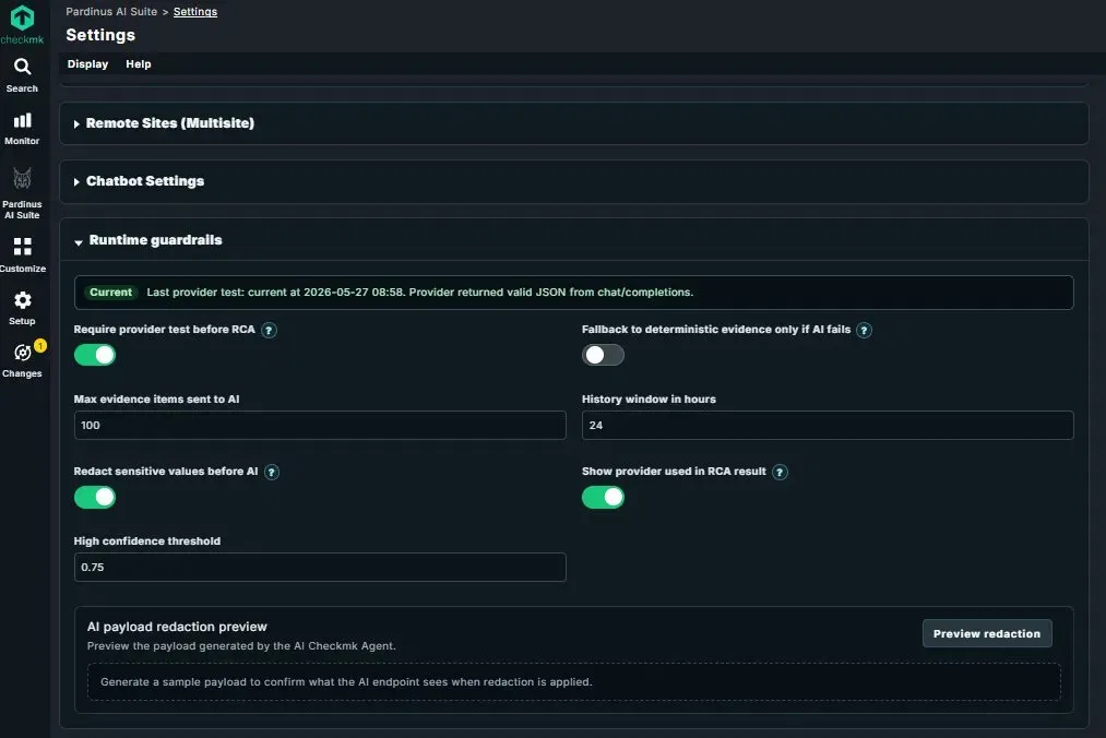 Pardinus chatbot settings page with guardrails for Checkmk context, audit logging and allowed actions