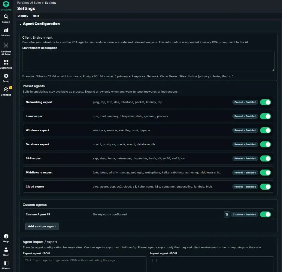 Pardinus proactive RCA settings with automatic trigger rules, rate limits and storm protection controls