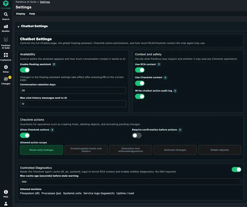 Pardinus RCA settings page for configuring AI provider endpoints, models and Checkmk Password Store credentials