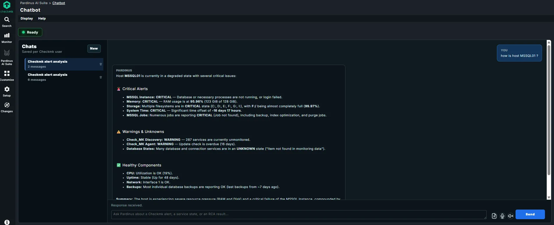 Pardinus recent alert timeline summarizing correlated Checkmk events around an incident