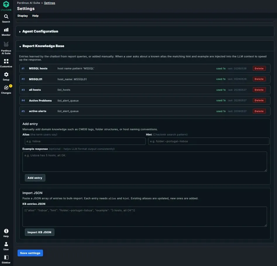 Pardinus specialist AI agent configuration page for networking, Linux, Windows, databases, SAP, middleware and cloud