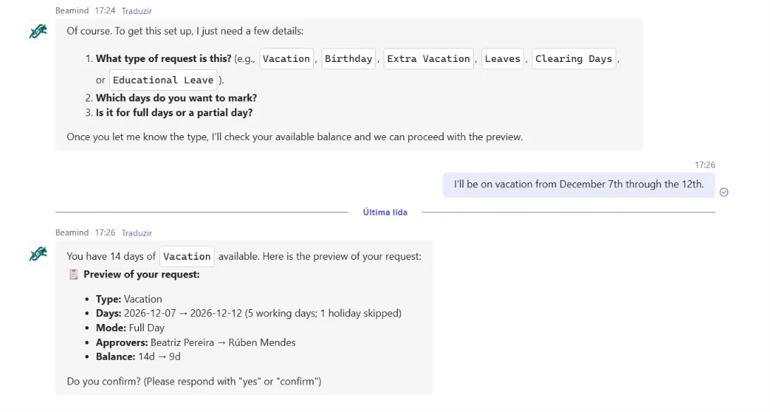 Beamind time-off request conversation